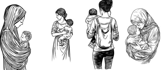 A stunning outline of a mother cradling her infant, embodying affection, care, and the unique connection between a parent and their offspring