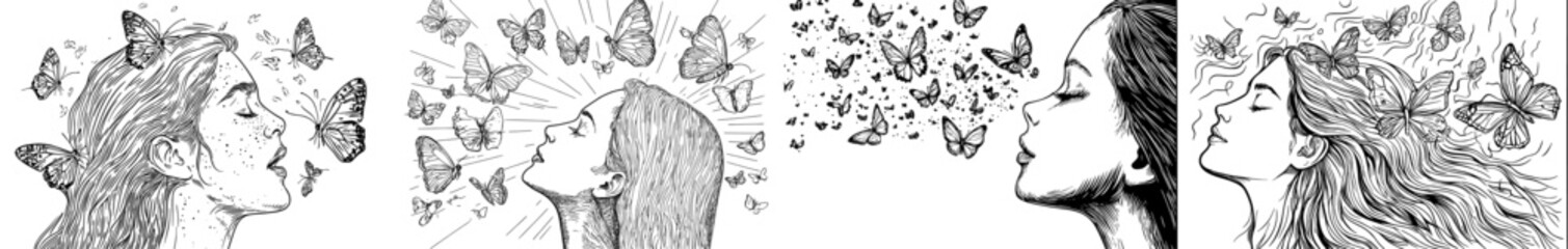 A woman's silhouette enveloped by butterflies represents freedom and inspiration, ideal for artistic and nature-inspired endeavors