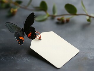 Simple white empty sale tag, black butterfly in background.