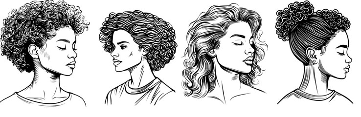 A chic outline of a female figure with curly locks, ideal for various design and illustration purposes