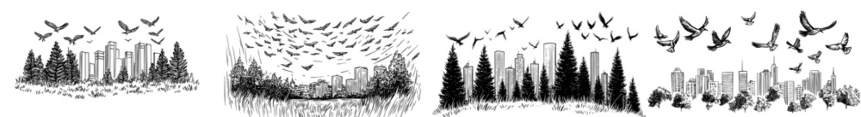 A simple black outline of a cityscape featuring birds in flight, ideal for designs and artwork centered around urban themes