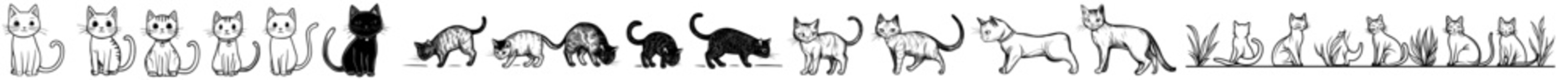 A minimalist design featuring the silhouette illustration of four different cat poses that highlight playful and relaxed feline behavior