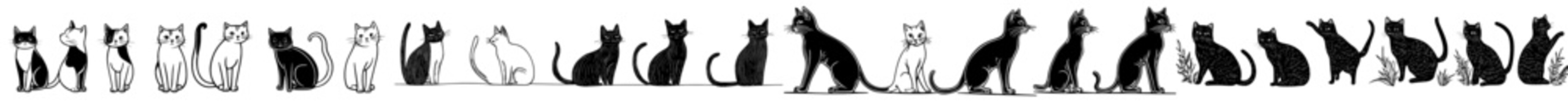 A compilation of silhouettes featuring black cats in diverse poses and expressions, ideal for incorporation into design projects or feline-inspired artwork