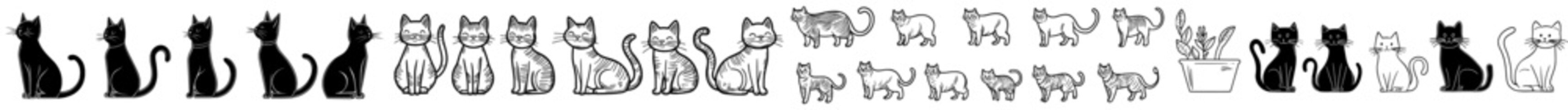 A compilation of silhouettes featuring black cats in diverse poses and emotions, ideal for use in pet-themed designs and artwork