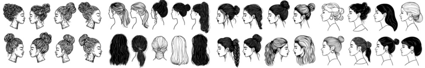 A diverse range of female silhouettes displaying different hairstyles is presented in a modern style, suitable for design and illustration purposes