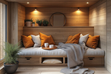 Banc d’entrée en bois avec coussin, plaid et plateau de café, style scandinave cosy et épuré, éclairage d’ambiance et plantes vertes dans un intérieur moderne et chaleureux