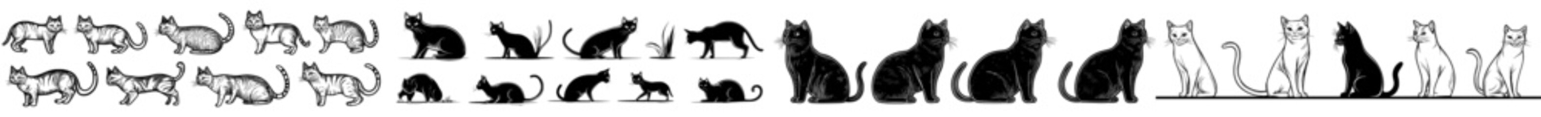 A set of black cat outlines in different poses, suitable for use in illustrations, designs, and graphic work
