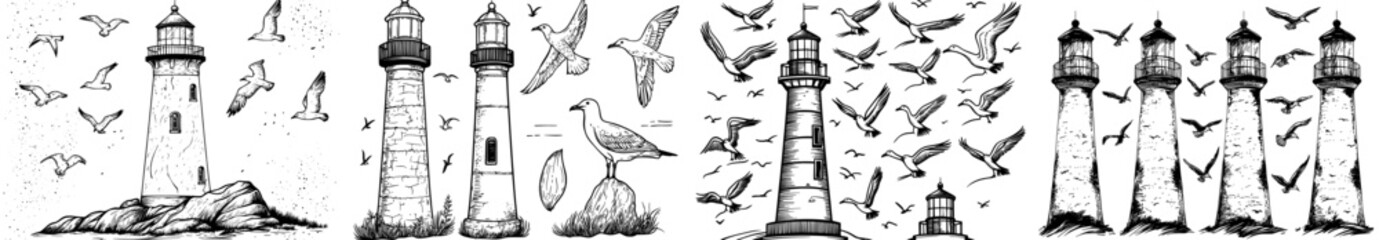 A compilation of lighthouse outlines highlighting diverse styles, ideal for ocean-inspired themes, seaside decor, or contemporary artwork