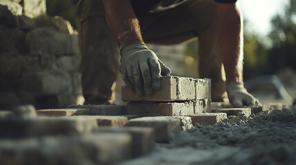 Construction Worker Laying Bricks