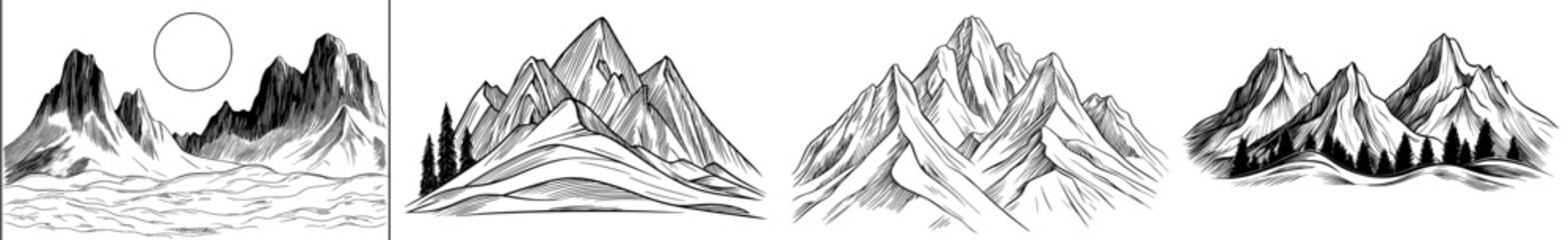 Obraz premium A set of six mountain designs in black silhouette form, suitable for projects centered around outdoor adventures