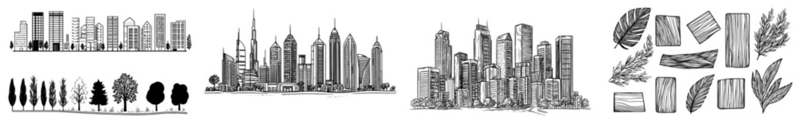 A stylized black outline of city skylines showcasing modern skyscrapers and diverse architectural styles, ideal for graphic design projects