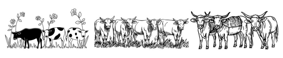 A compilation of silhouettes featuring cows in different poses, all in black and white, suitable for designs and themes related to agriculture