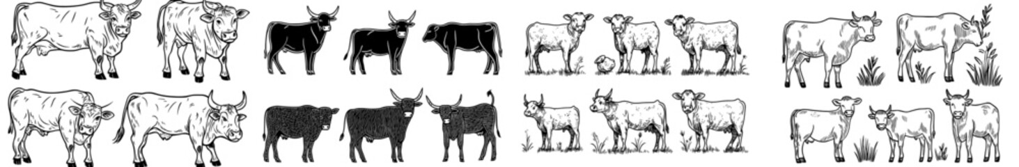 A set of black silhouette illustrations featuring cows is perfect for designs related to agriculture and farms