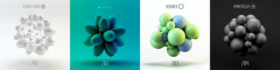 Molecule. A sphere of small balls. Concepts of chemical investigation, diagram of structure of molecule. A group of atoms. Scientific illustration. 3D vector for brochure, poster, presentation, flyer.