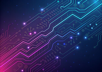 Abstract digital circuit board illuminated with glowing lines and lights.