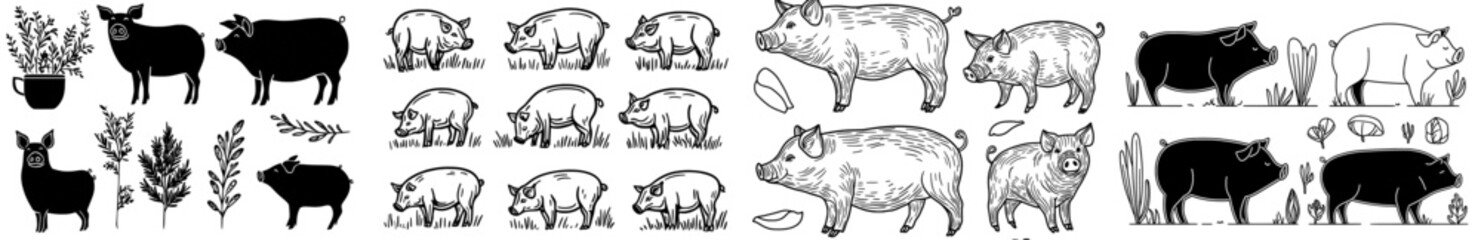 A set of black silhouette images of pigs in different poses, perfect for farm-themed designs and graphics