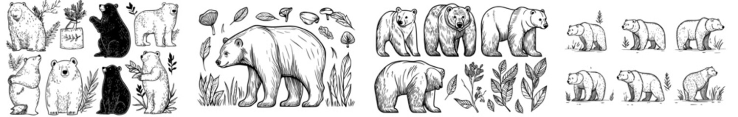 A compilation of bear artwork encompasses multiple styles, such as silhouettes, outlines, and cartoon designs, ideal for creative endeavors
