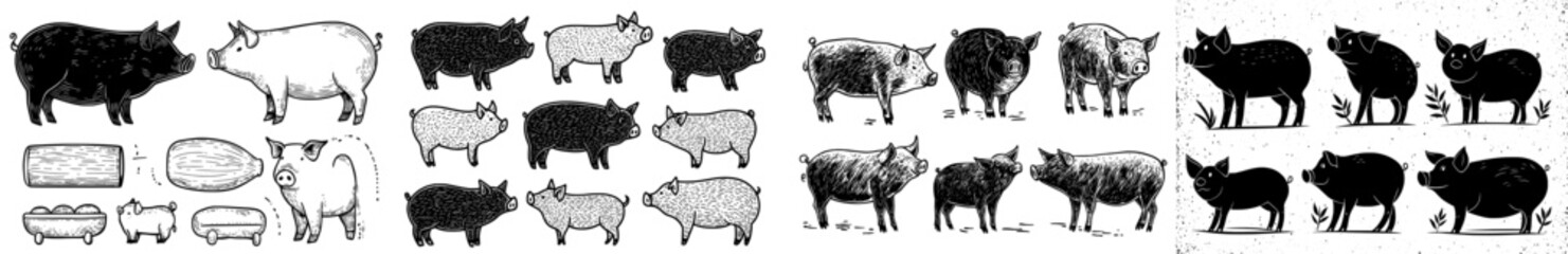 A set of black silhouette images of pigs in different poses is perfect for farm-themed designs or educational materials