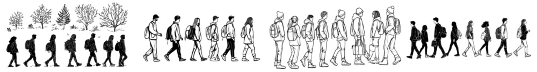 Naklejka premium A gathering of darkened forms walking in different paths, symbolizing varied persons on the move, suitable for city and way of life concepts