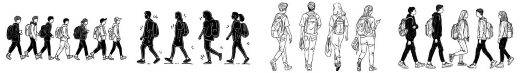 A compilation of silhouettes showcases people from different backgrounds walking in distinct ways, symbolizing city life and mobility