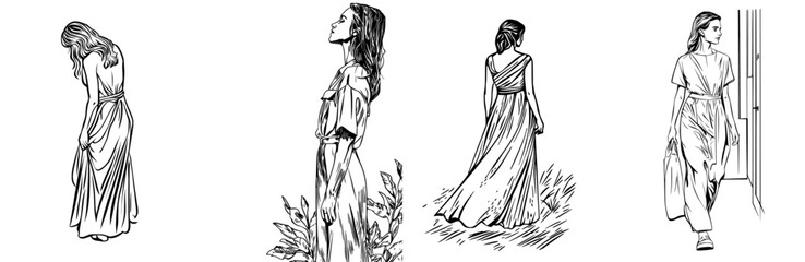The slender outline of a woman in a flowing gown is ideal for fashion-related themes or promotional events
