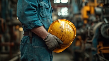 Industrial worker holding safety helmet