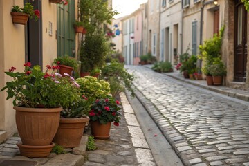 Charming Cobblestone Street Lined With Vibrant Potted Plants Generative AI