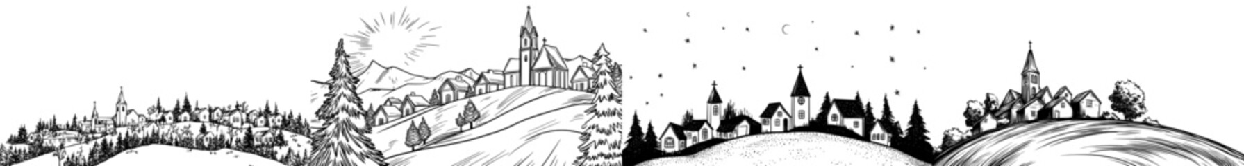Obraz premium A village's intricate outline, complete with churches, trees, and buildings, set against a plain background, makes it perfect for creative designs