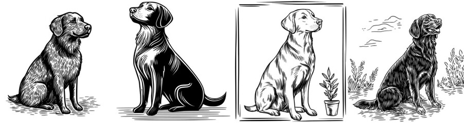 A stylized black outline of a dog in a seated position, highlighting its profile and fur texture, perfect for designs centered around animals