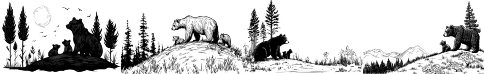 A dramatic outline of a bear and its two cubs set against a backdrop of forest, highlighting the beauty of wildlife and the natural world