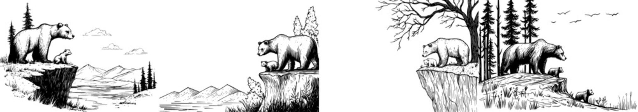 A bear family is set against a white backdrop in a striking black silhouette, highlighting nature and wildlife within a scenic view