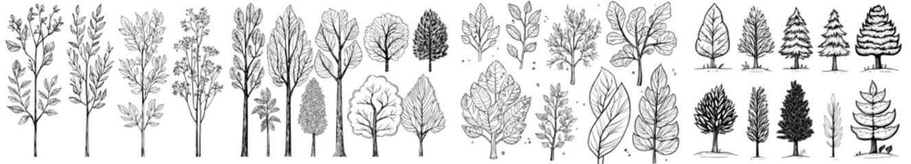 A compilation of diverse black tree silhouettes showcasing various shapes and leaf patterns for design and illustration uses