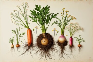 Colorful array of freshly pulled root vegetables with lush green tops and exposed roots