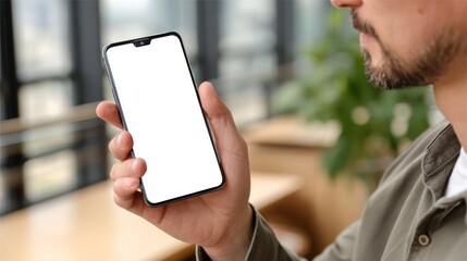 Man holding a smartphone with a blank screen