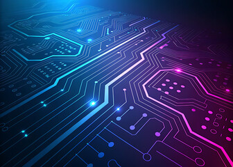 Abstract digital circuit board illuminated with glowing lines and lights.