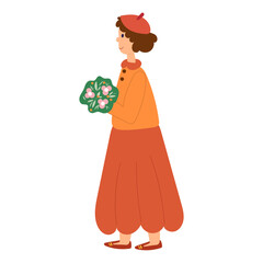 Woman with flowers bouquet in hands.