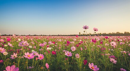 Cosmos Flower Field Under Clear Sky During Golden Hour