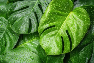 Close-up of fresh monstera leaves covered in droplets from recent rain, showcasing vibrant green hues and intricate patterns in a lush setting