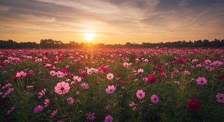 Obraz premium Field of Flowers Blooming at Sunset with Golden Hour Light