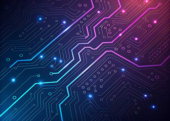 Abstract digital circuit board illuminated with glowing lines and lights.
