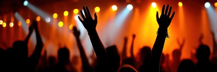 Silhouette of a crowd at a concert, hands raised in excitement
