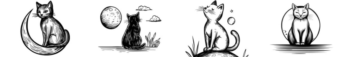 A tranquil outline of a feline resting on a lunar crescent, creating a soothing nocturnal ambiance