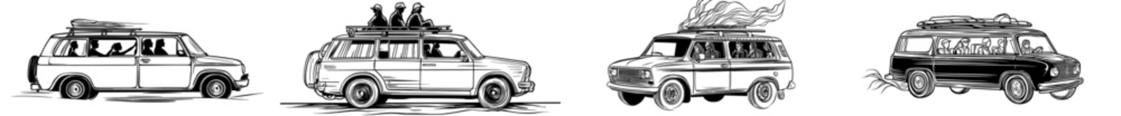 A car's silhouette featuring a family, including both passengers and a driver, is perfect for themes related to travel and transportation © Andrei