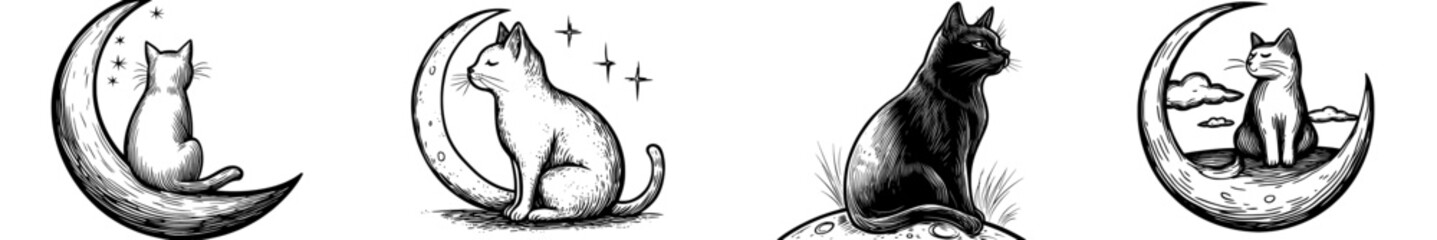 A cat is depicted sitting elegantly on a crescent moon, forming a sleek silhouette that evokes mystery and tranquility