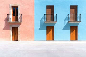 Fototapeta premium Colorful facade of a building featuring pink and blue walls with wooden doors and balconies in a vibrant urban setting