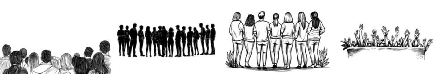 A varied assembly of individuals in silhouette form united, symbolizing cohesion and togetherness in a social setting