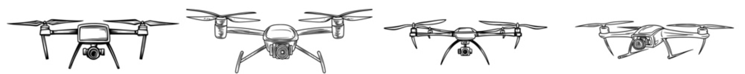 A drone's silhouette is shown with four propellers and a camera, perfect for representing aerial photography and technology ideas