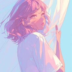 A girl with pink hair, soft pastel colors, looking up