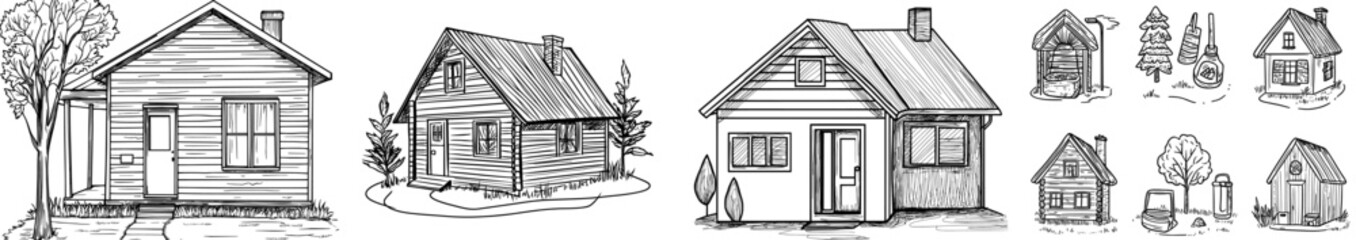 A compilation of black silhouette illustrations featuring diverse house designs, ideal for real estate and architectural endeavors