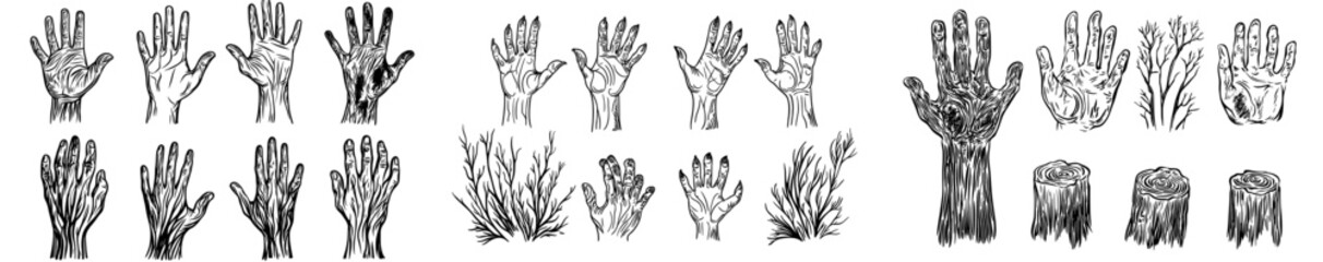A compilation of artistic hand silhouettes displaying a range of gestures and movements in monochrome